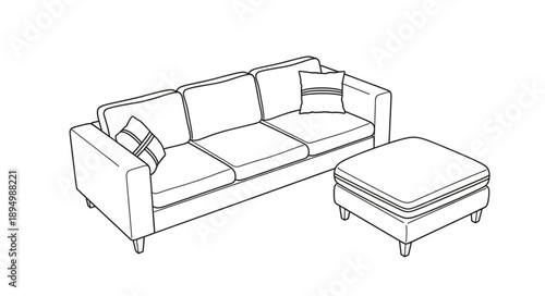 Modern Sofa and Ottoman Sketch Illustration.
