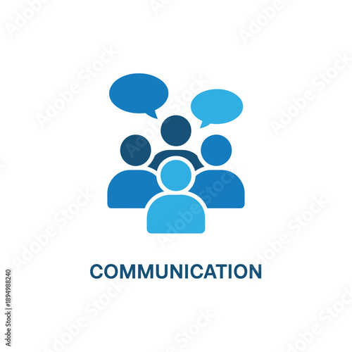 Abstract blue icon depicting a group of people and communication bubbles