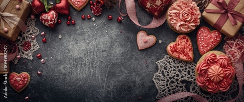 Cookies and Valentine's Day decorations placed around a chalkboard for copy space