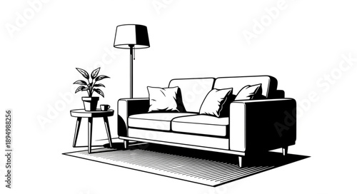 Modern Sofa with Lamp and Plant Illustration.