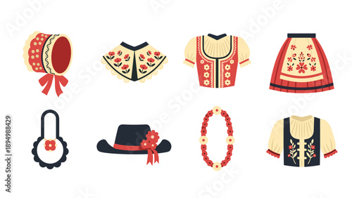 Traditional folk clothing and accessories with floral embroidery and patterns