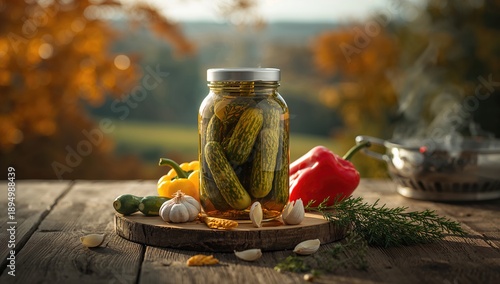 Fermented cucumbers in a gl...