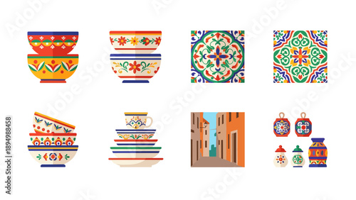 Collection of colorful decorative ceramic items and tiles with Mediterranean motifs
