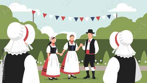 People in traditional folk costumes dancing outdoors under festive bunting