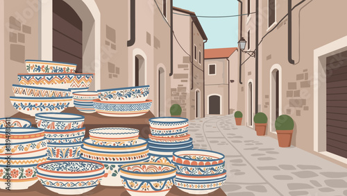 Colorful ceramic bowls displayed on a charming European street with cobblestone pavement