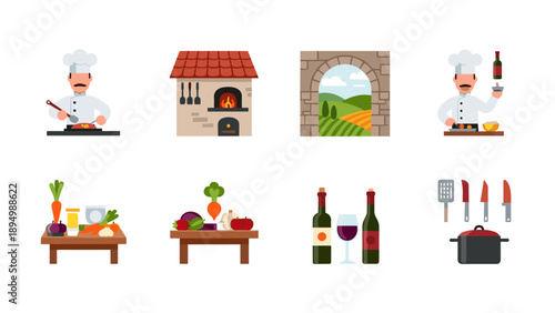Collection of Italian culinary icons featuring chefs, ingredients, and cooking elements