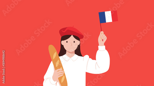 Woman in red beret holding baguette and French flag, representing French culture and cuisine