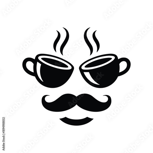 Black coffee cups with steaming mustache face