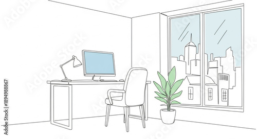 Modern Office Interior Sketch with Desk and Computer.