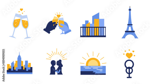 Collection of romantic and travel icons celebrating love and iconic destinations