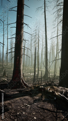 Εκτύπωση καμβά burnt forest with upright trunks and scattered stumps, hazelaced horizon suggest