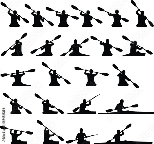Kayaking paddle stroke motion silhouettes showing athlete technique training sequence isolated on white background water sports vector illustration set collection