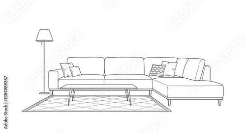 Modern sectional sofa with coffee table and floor lamp sketch.