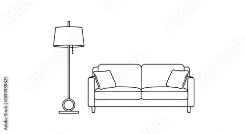 Modern Sofa and Floor Lamp Line Drawing.