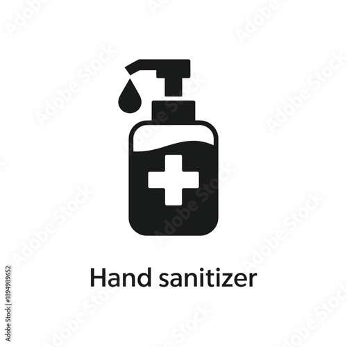 Simple black and white icon of a hand sanitizer bottle with a plus symbol