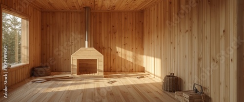 Rustic wooden sauna cabin i...
