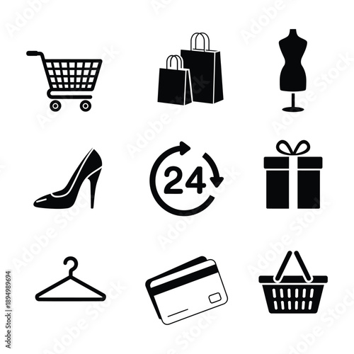 Tablou pe pânză Set of black shopping icons on transparent background includes shopping cart, ba