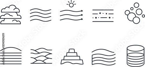 Collection of abstract line icons representing layers, waves, and natural phenomena