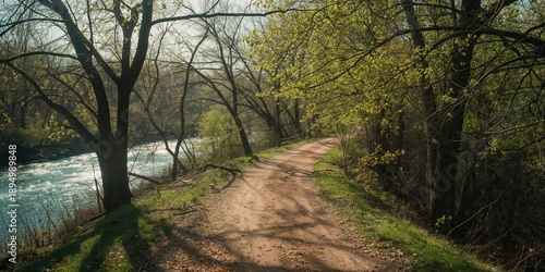 Big Sioux River trail scene in Sioux Falls during spring with emerging greenery and leafless branches, seasonal transition
