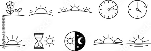 Collection of simple line icons representing time, sunrise, sunset, and day-night cycle