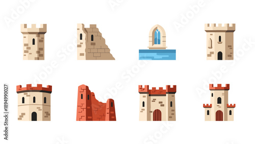 Collection of flat design medieval castle towers and ruins with crenellations and windows
