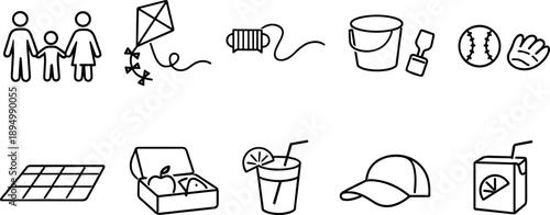 Collection of simple line art icons representing outdoor family activities and summer fun