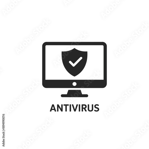 A black icon depicting computer security with a shield and checkmark