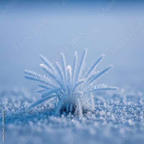 A delicate cluster of frost needles growing from the frozen ground under unusual sub-zero temperatures. Extremely rare winter weather, phenomenon, outdoor, subtlety