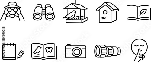 Collection of line art icons representing bird watching and nature observation activities