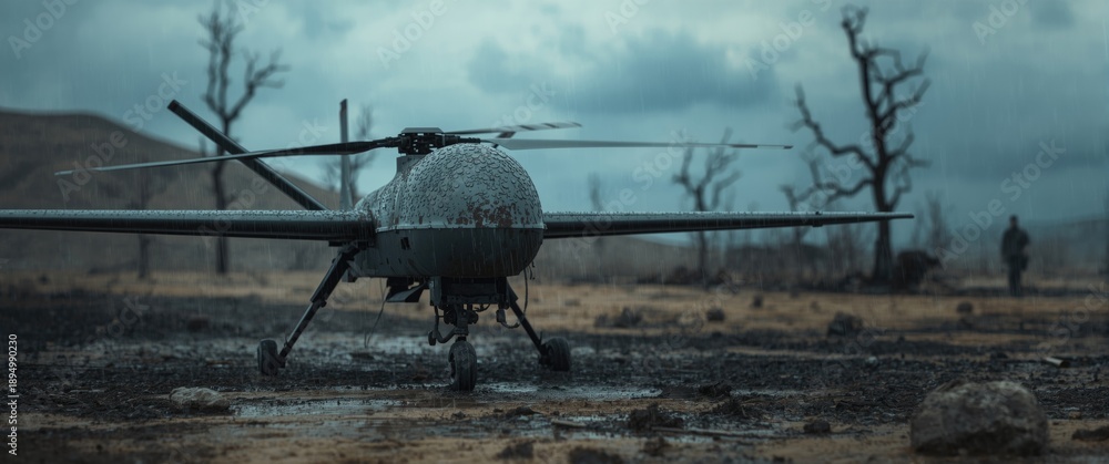 Fototapeta premium Following rainfall, a military drone searches desert for water sources