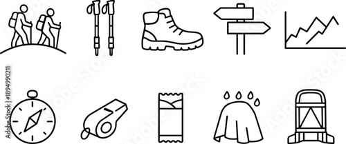 Collection of hiking and outdoor adventure icons with a clean, minimalist line art style