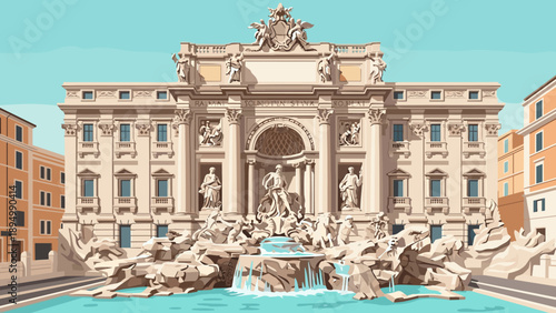 Trevi Fountain in Rome, Italy, depicted in a stylized, colorful illustration with a clear blue sky