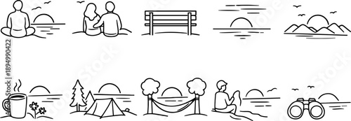 Collection of simple line art icons depicting outdoor leisure activities at sunset