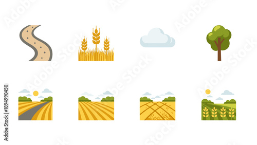 Collection of flat design icons representing rural landscapes and agriculture elements