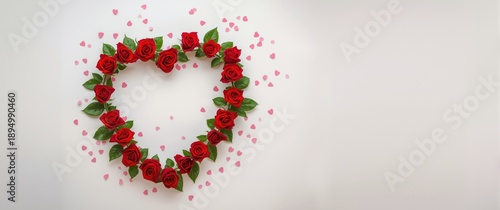 Romantic Valentine's Day background with rose border and pink confetti