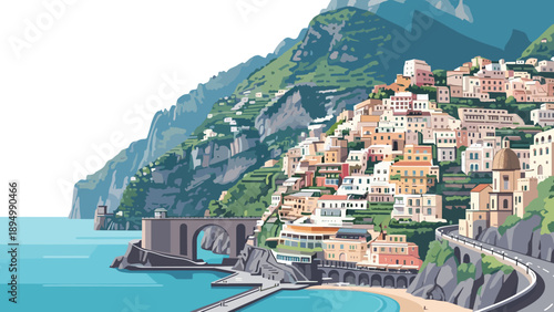 Colorful Italian coastal village nestled on steep green mountainside overlooking the azure sea