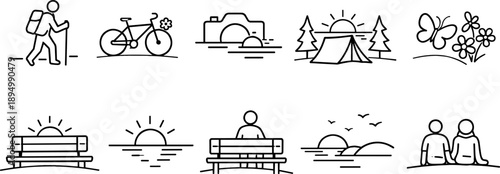 Collection of simple line icons representing outdoor activities and nature scenes
