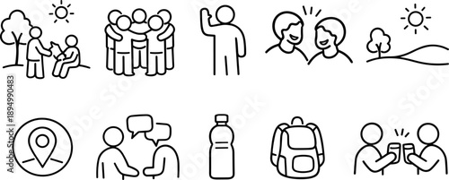Collection of simple line art icons representing social interactions and outdoor activities