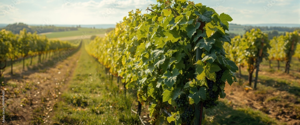 Naklejka premium Hambledon Vineyard, UK: Grape Vines Flourishing
