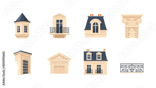 Collection of architectural elements from classic European buildings and facades
