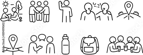 Collection of simple line art icons representing social interactions and outdoor activities