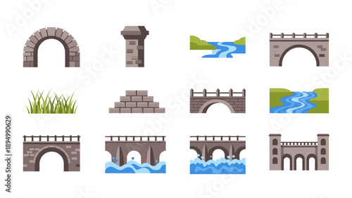 Collection of various stone bridges and river landscapes in a flat design style