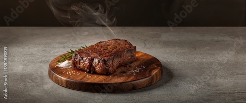 Juicy piece of meat seasoned and cooked for dinner on a concrete surface