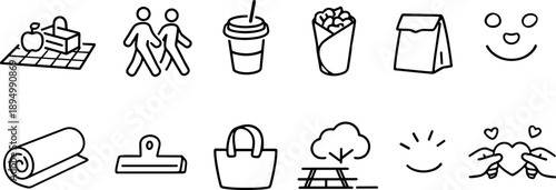 Collection of simple line art icons representing outdoor activities and food