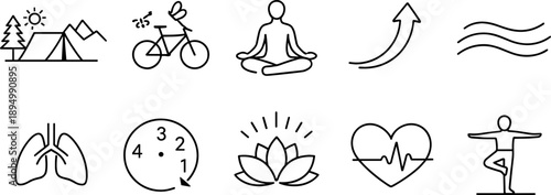 Collection of health and wellness icons representing outdoor activities, exercise, and mindfulness