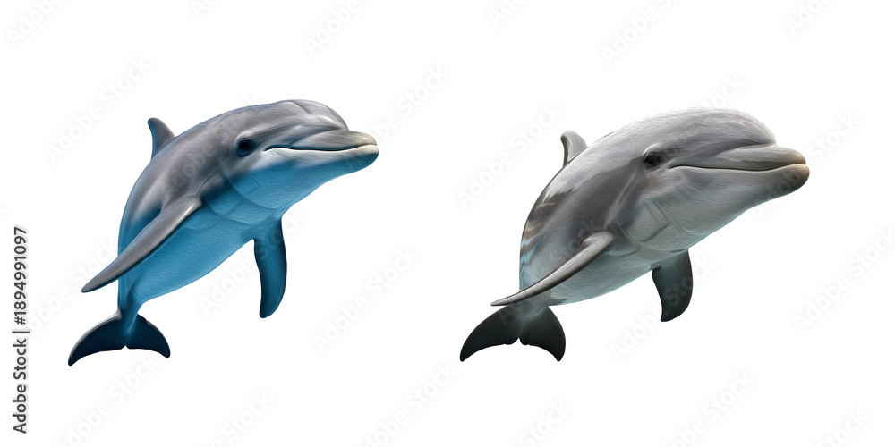 Fototapeta premium Two playful bottlenose dolphins swimming side by side isolated on a clean white background. High-quality marine wildlife graphic ideal for creative design projects.