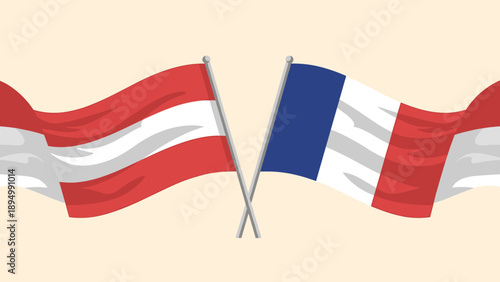 Austrian and French flags crossed and waving in the wind, symbolizing international relations