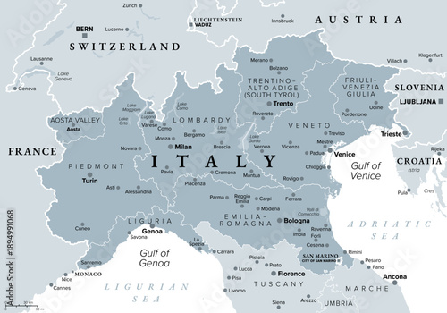 Northern Italy, gray political map of a region in the northern part of Italy. Eight subregions of North Italy with borders, capitals, largest cities, and with the North Italian Lake District. Vector