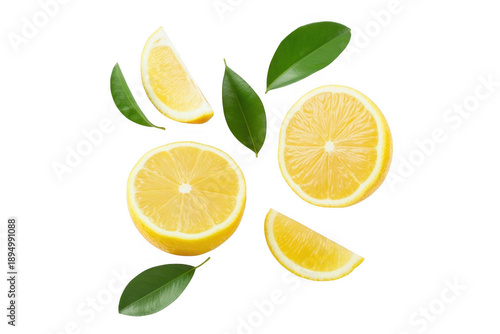 Sliced lemons and leaves lemon slices isolated on a transparent background