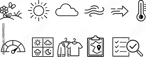 Collection of weather and climate icons representing different atmospheric conditions and forecasts